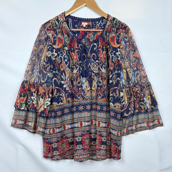 Reba Womens Long Bell Sleeve Peasant Tunic Blouse Sz L Boho Southwestern Lined - Picture 1 of 15